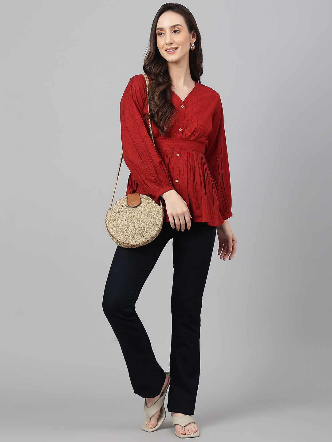Janasya Women's Maroon Dobby Cotton Solid Peplum Top | Swadesiicart