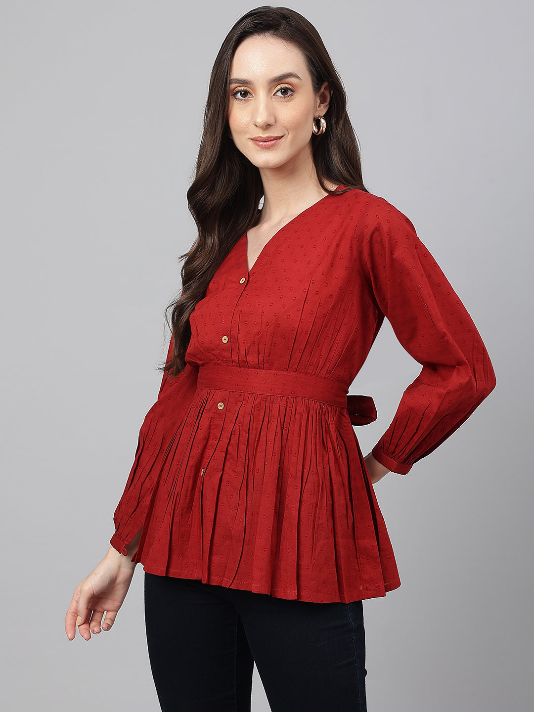 Janasya Women's Maroon Dobby Cotton Solid Peplum Top | Swadesiicart