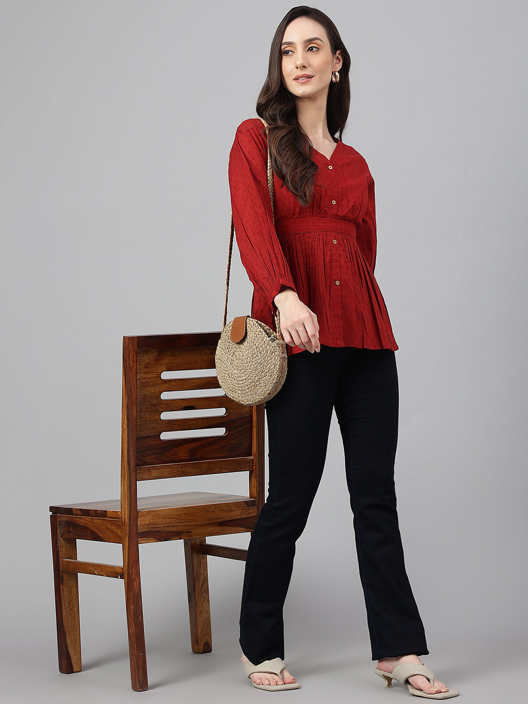 Janasya Women's Maroon Dobby Cotton Solid Peplum Top | Swadesiicart