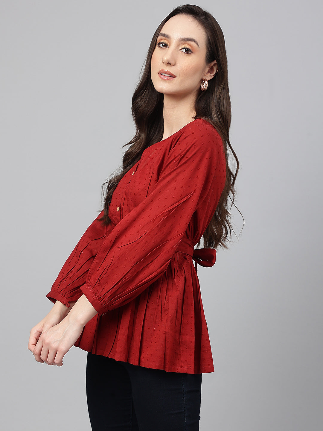 Janasya Women's Maroon Dobby Cotton Solid Peplum Top | Swadesiicart