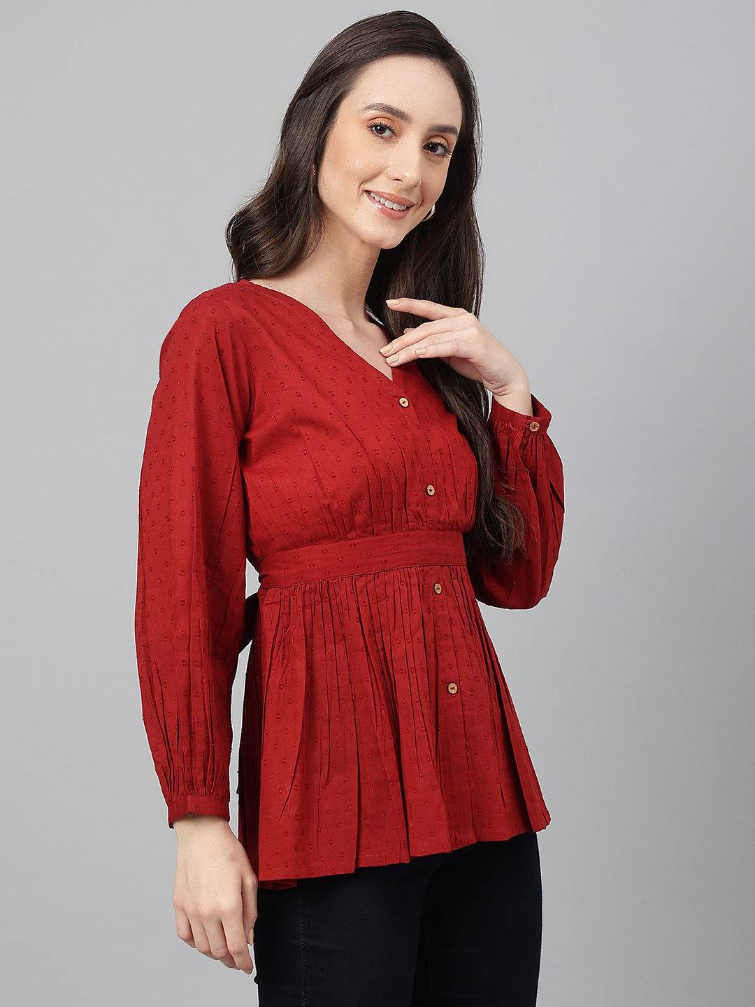 Janasya Women's Maroon Dobby Cotton Solid Peplum Top | Swadesiicart