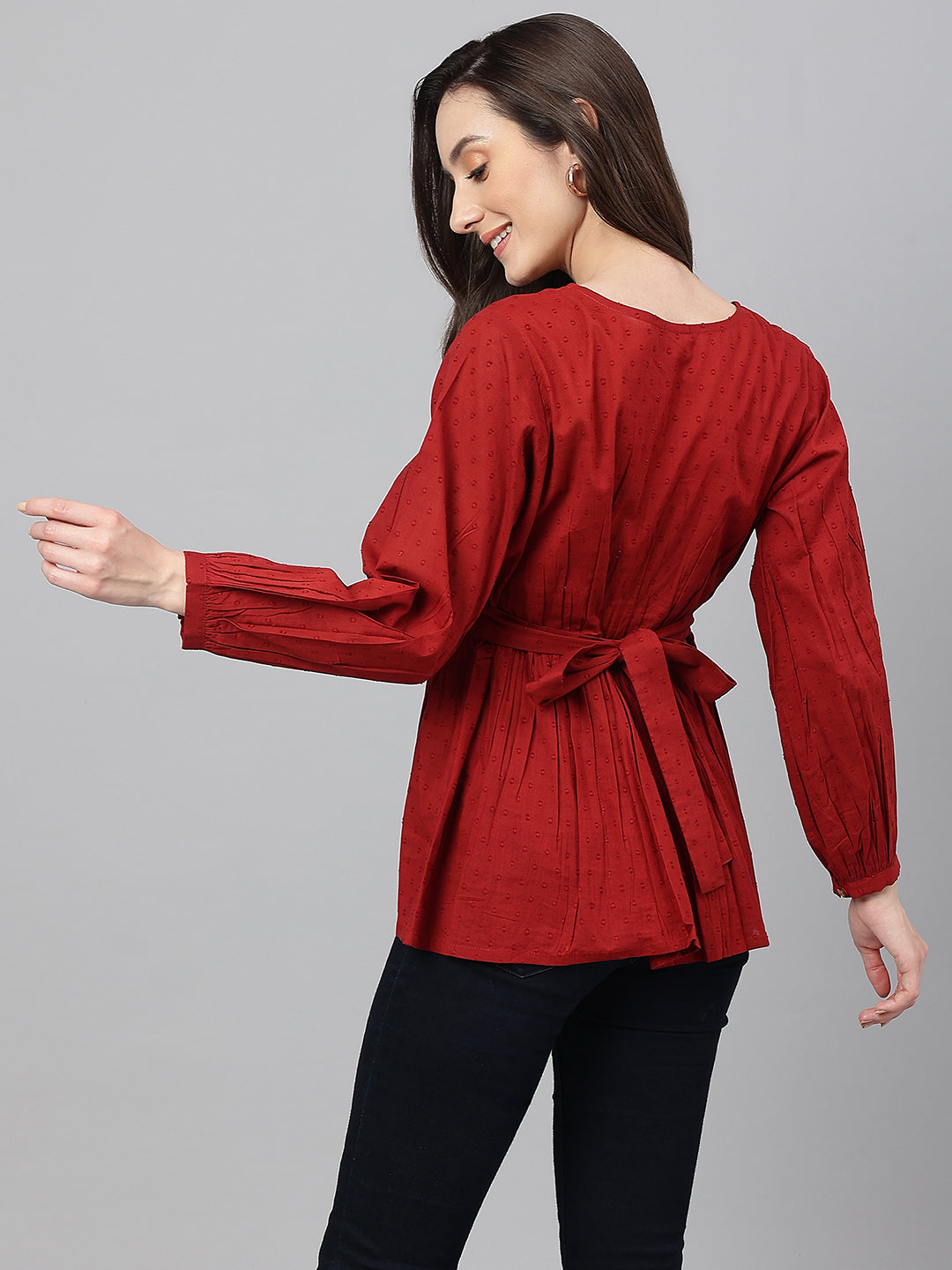 Janasya Women's Maroon Dobby Cotton Solid Peplum Top | Swadesiicart