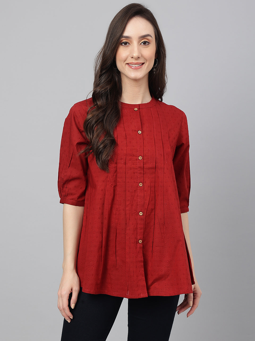 Janasya Women's Maroon Cotton Dobby Solid Flared Top | Swadesiicart