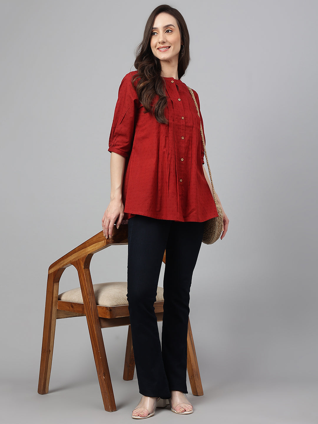 Janasya Women's Maroon Cotton Dobby Solid Flared Top | Swadesiicart