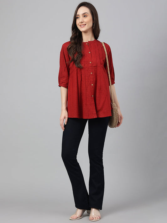 Janasya Women's Maroon Cotton Dobby Solid Flared Top | Swadesiicart