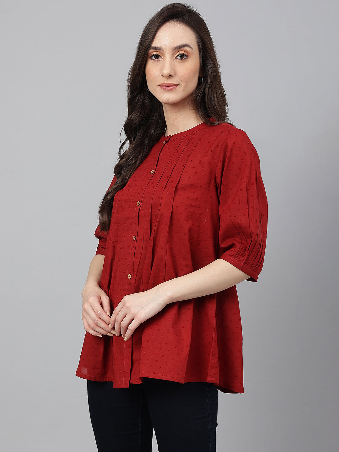 Janasya Women's Maroon Cotton Dobby Solid Flared Top | Swadesiicart