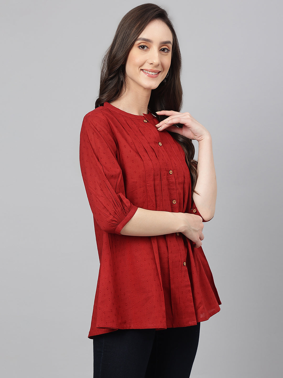 Janasya Women's Maroon Cotton Dobby Solid Flared Top | Swadesiicart