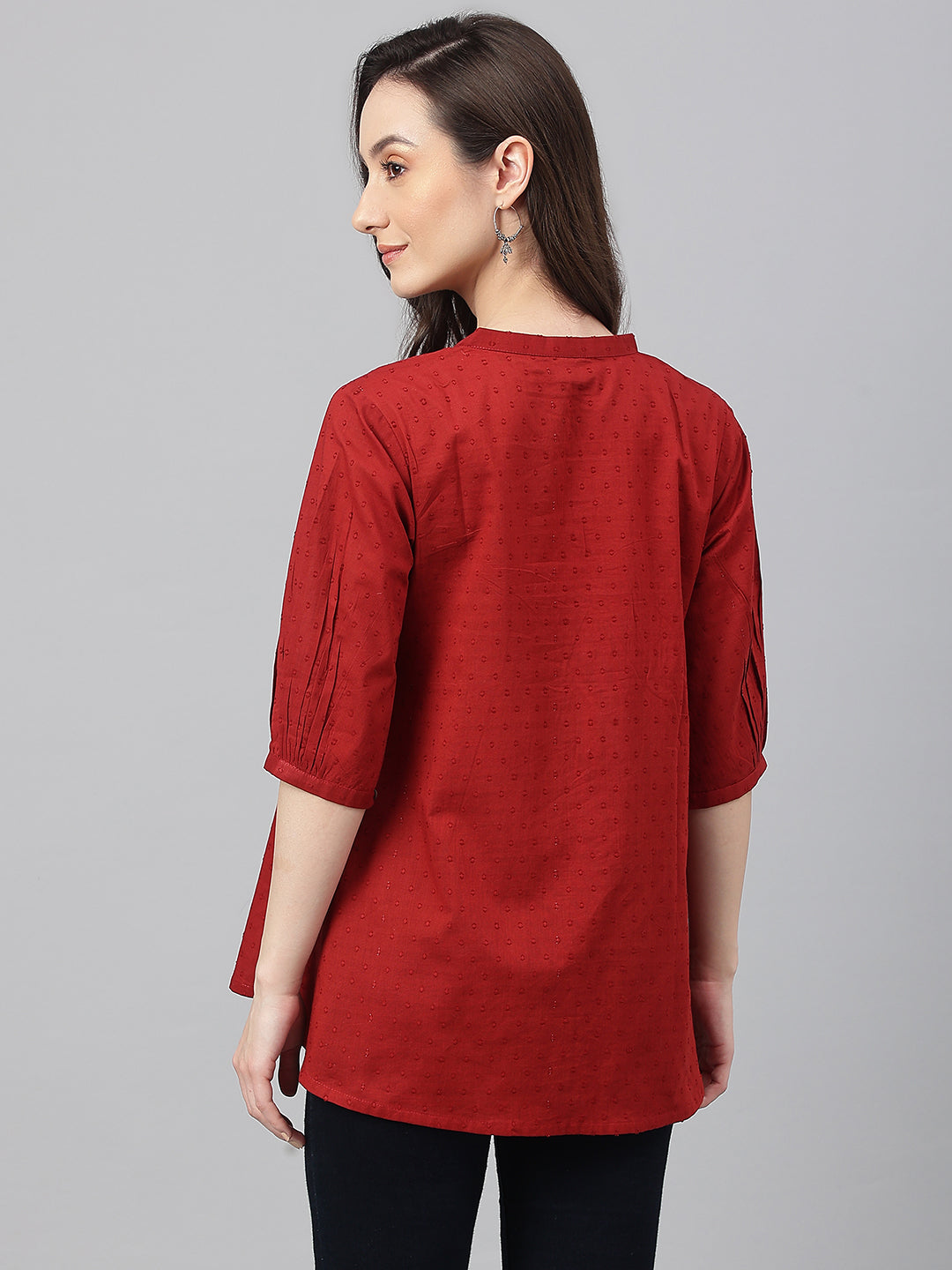 Janasya Women's Maroon Cotton Dobby Solid Flared Top | Swadesiicart
