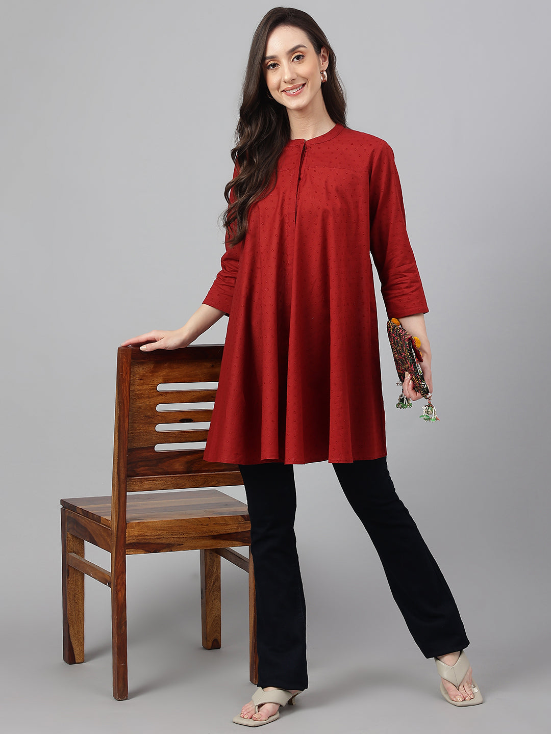 Janasya Women's Maroon Dobby Cotton Solid A-Line Tunic | Swadesiicart