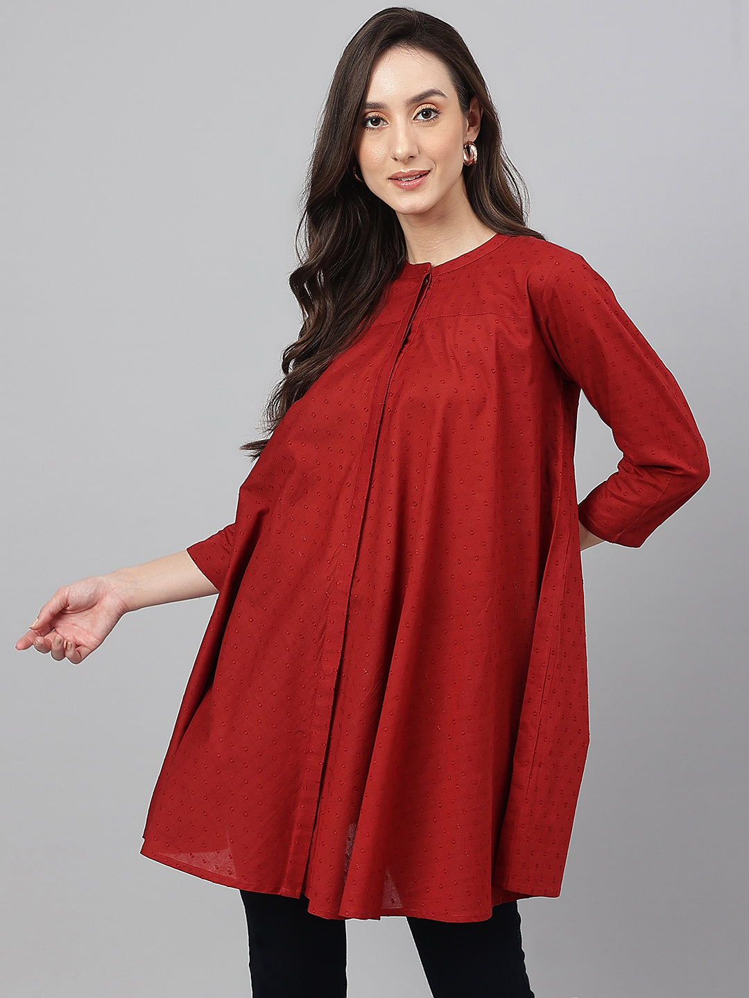 Janasya Women's Maroon Dobby Cotton Solid A-Line Tunic | Swadesiicart