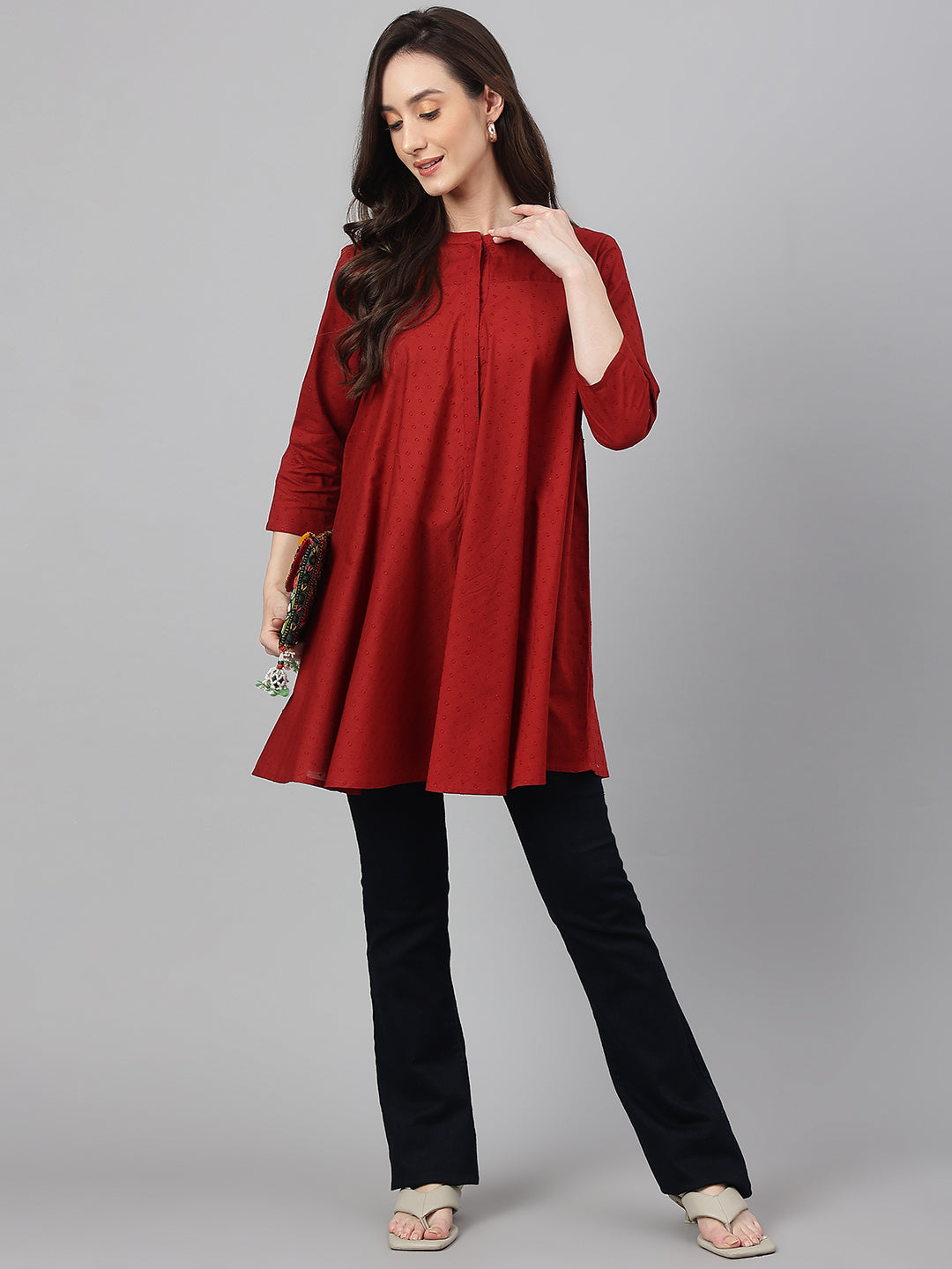 Janasya Women's Maroon Dobby Cotton Solid A-Line Tunic | Swadesiicart