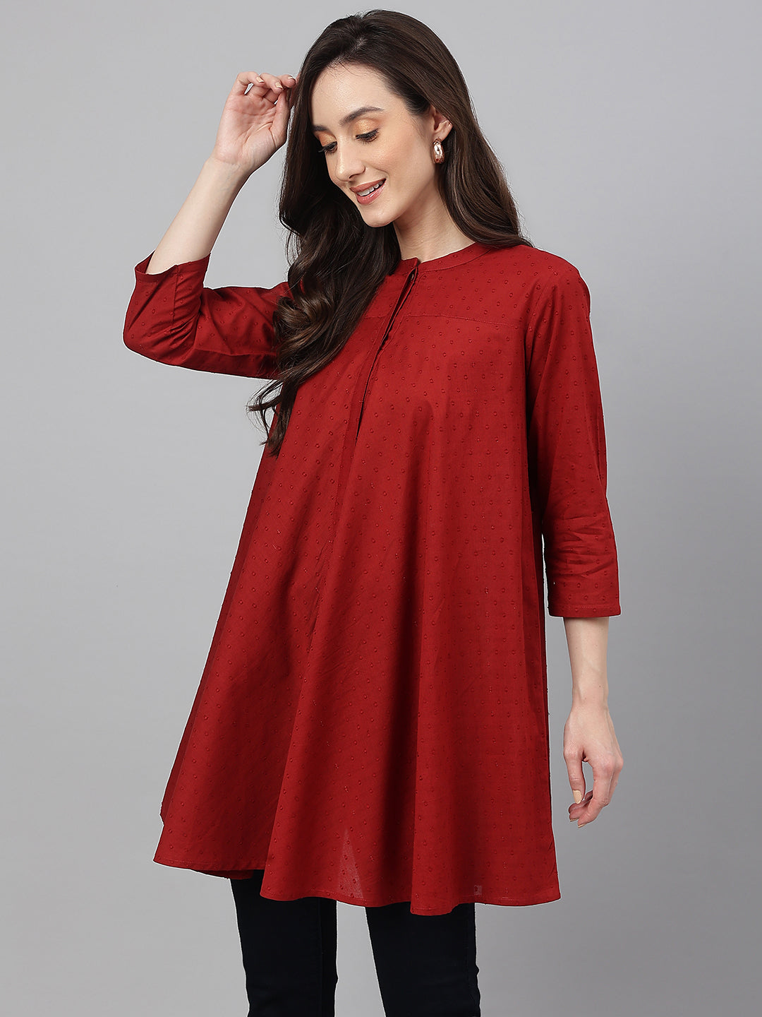 Janasya Women's Maroon Dobby Cotton Solid A-Line Tunic | Swadesiicart