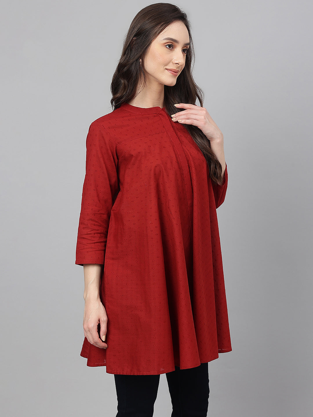 Janasya Women's Maroon Dobby Cotton Solid A-Line Tunic | Swadesiicart