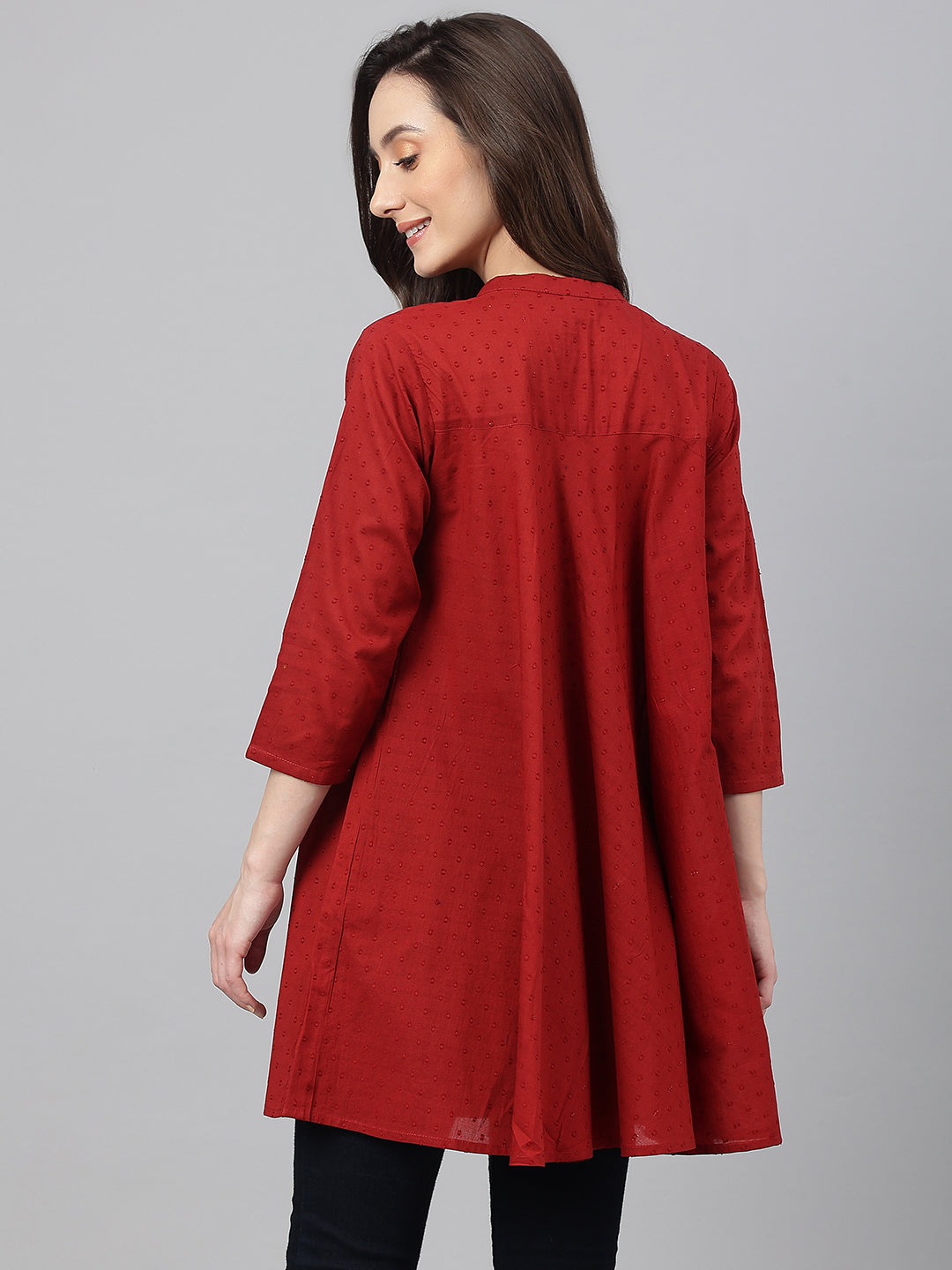 Janasya Women's Maroon Dobby Cotton Solid A-Line Tunic | Swadesiicart