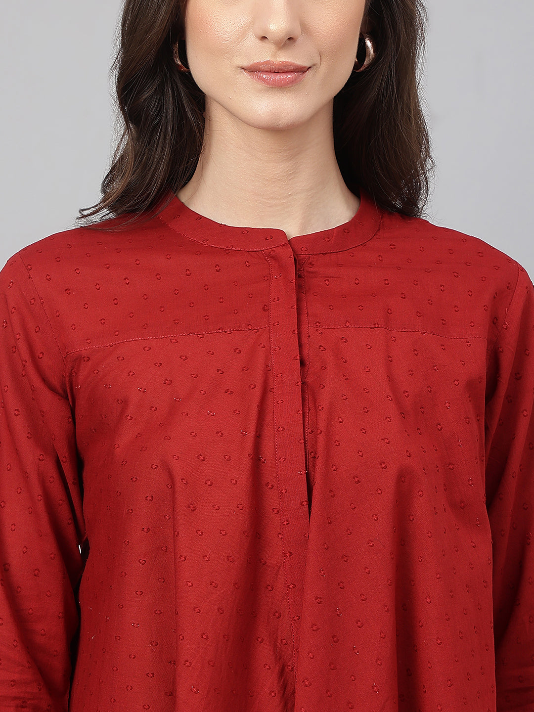 Janasya Women's Maroon Dobby Cotton Solid A-Line Tunic | Swadesiicart