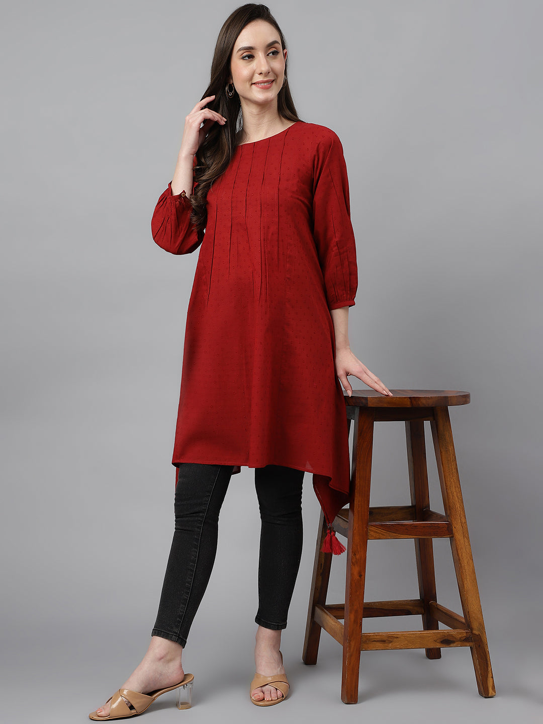 Janasya Women's Maroon Dobby Cotton Solid Handkerchief Tunic | Swadesiicart