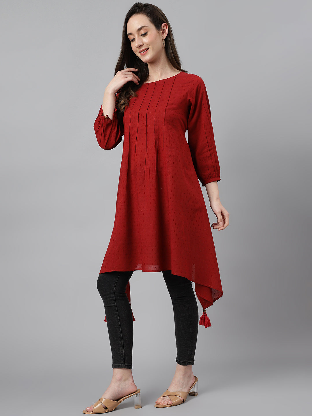 Janasya Women's Maroon Dobby Cotton Solid Handkerchief Tunic | Swadesiicart