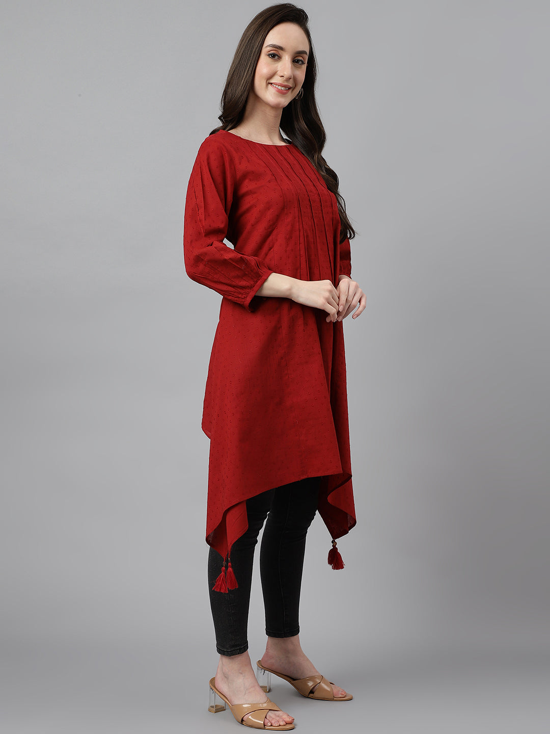 Janasya Women's Maroon Dobby Cotton Solid Handkerchief Tunic | Swadesiicart