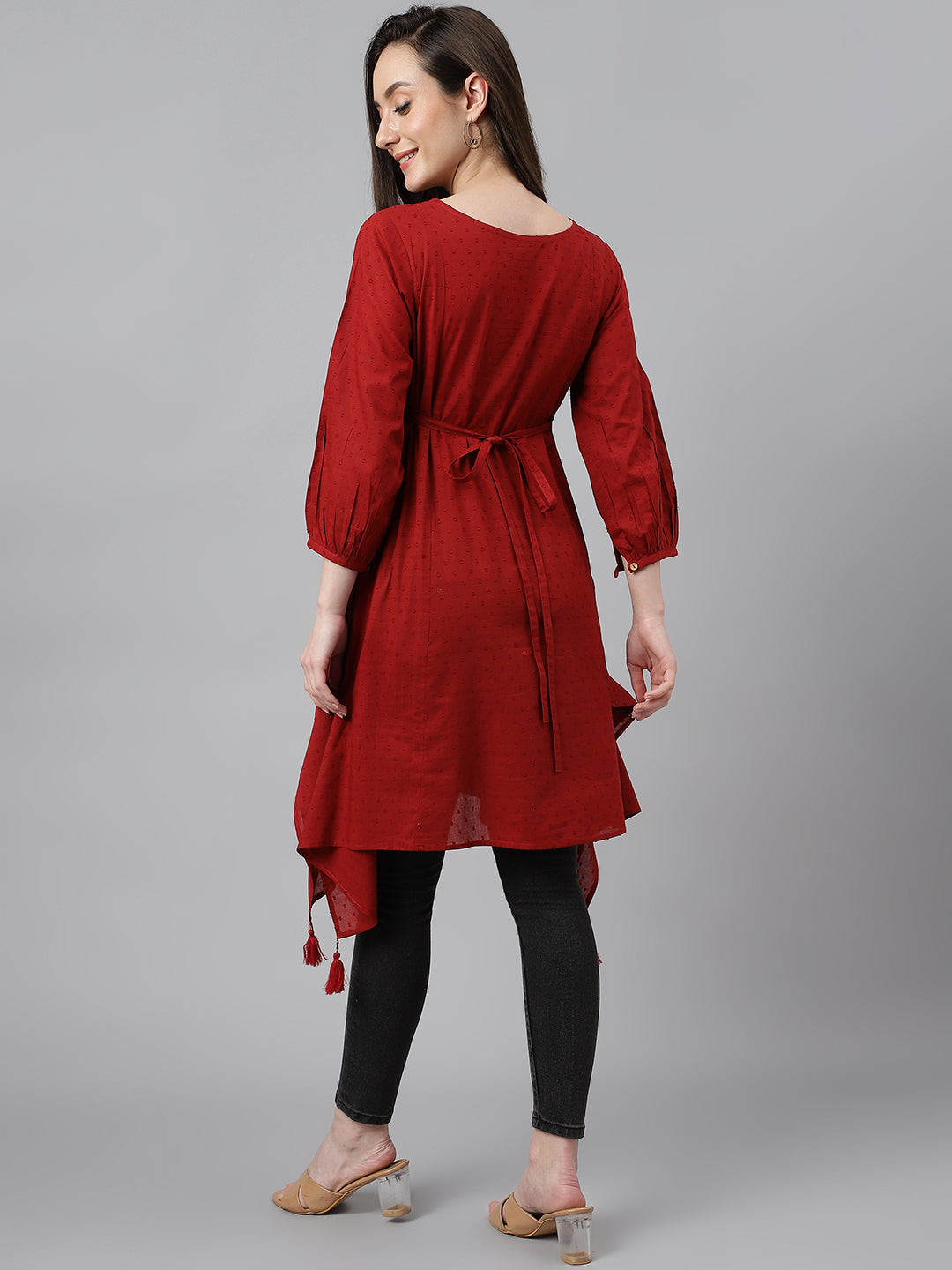 Janasya Women's Maroon Dobby Cotton Solid Handkerchief Tunic | Swadesiicart