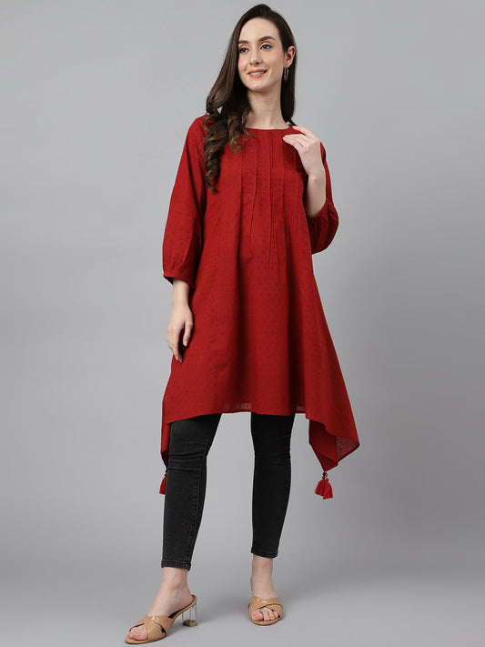 Janasya Women's Maroon Dobby Cotton Solid Handkerchief Tunic | Swadesiicart