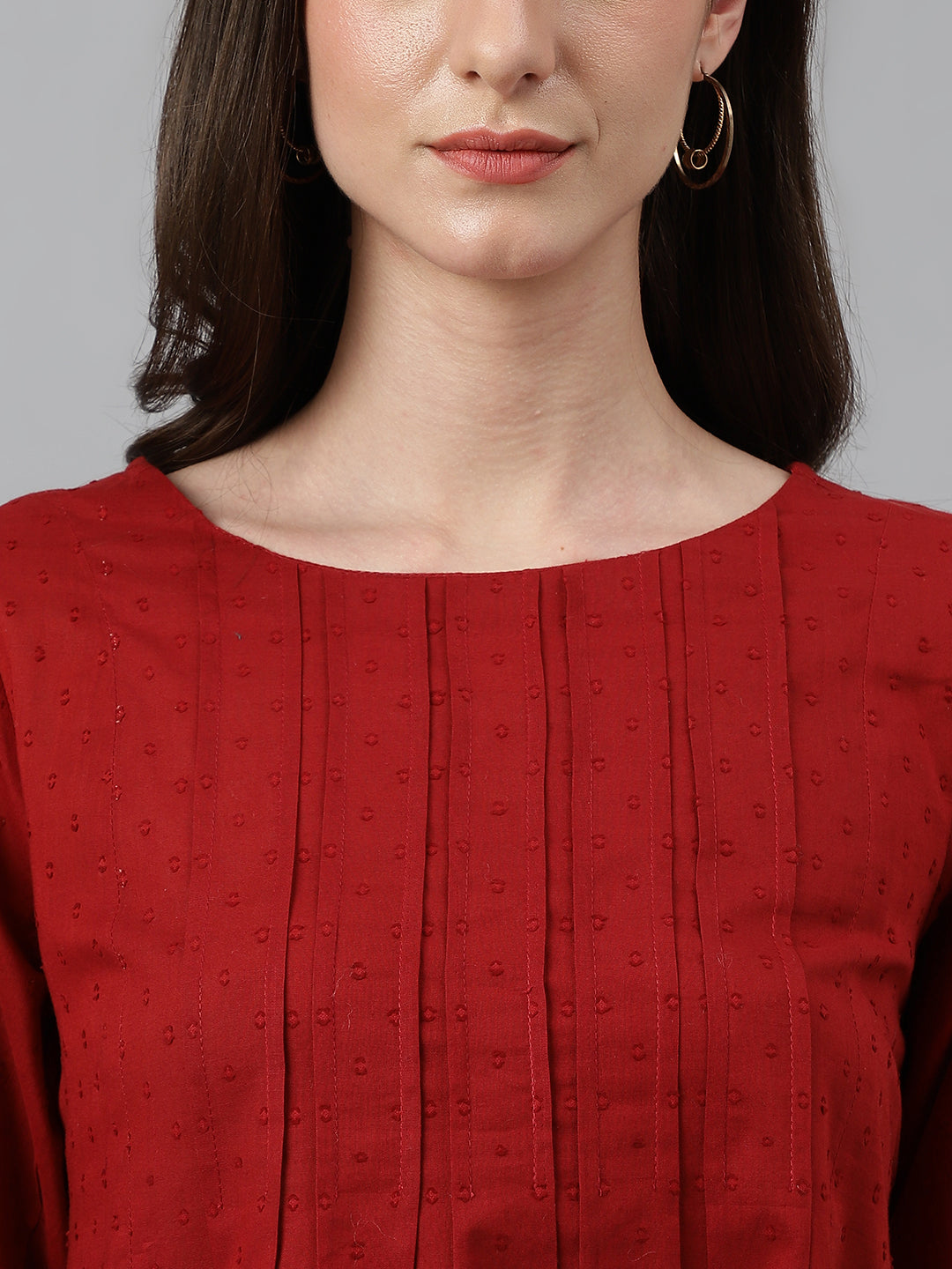 Janasya Women's Maroon Dobby Cotton Solid Handkerchief Tunic | Swadesiicart