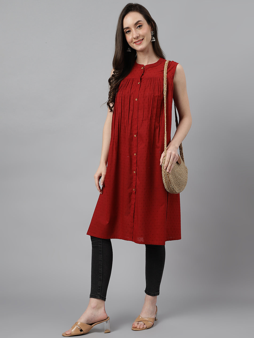 Janasya Women's Maroon Dobby Cotton Solid Casual Gathered Tunic | Swadesiicart