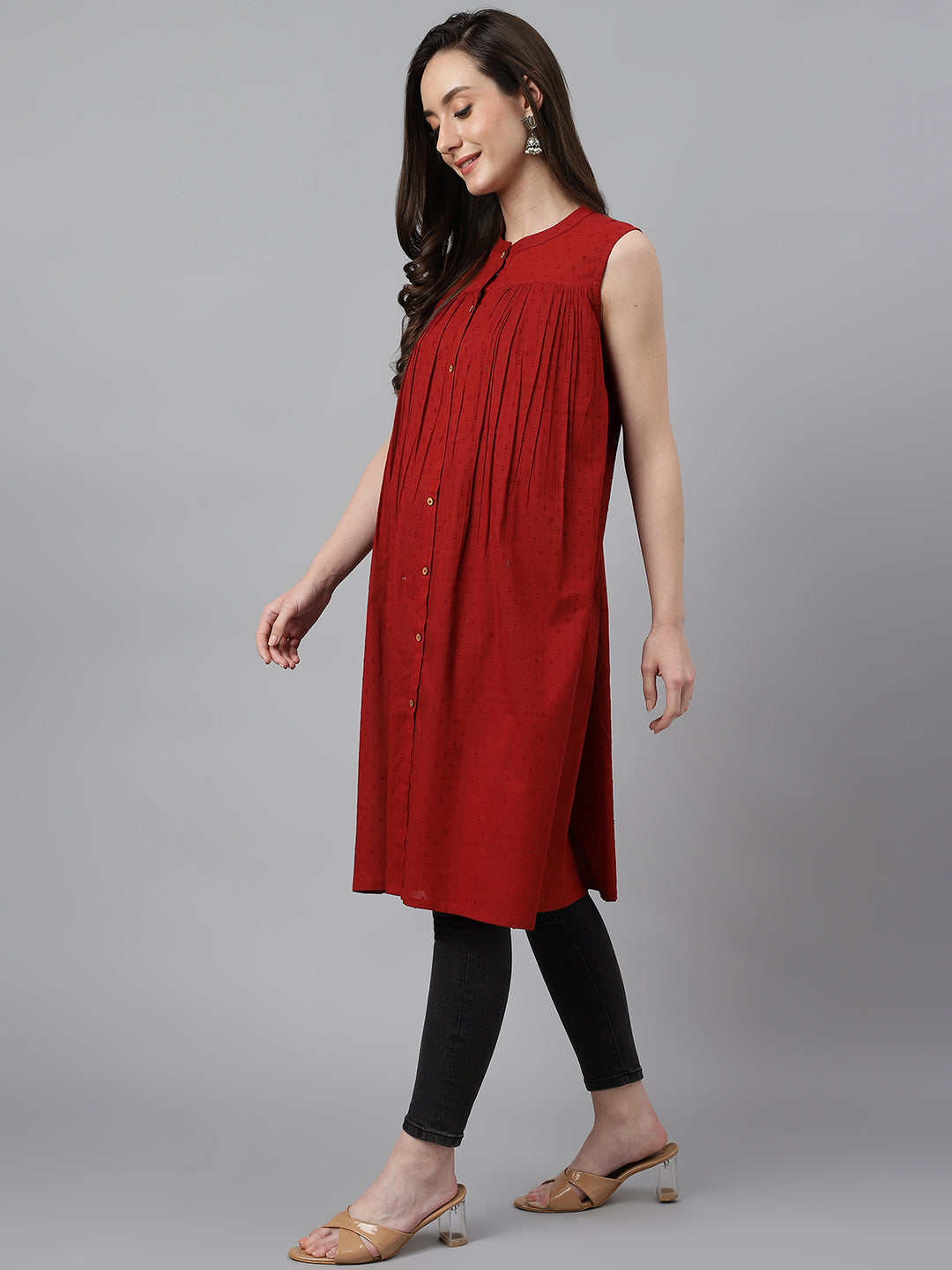 Janasya Women's Maroon Dobby Cotton Solid Casual Gathered Tunic | Swadesiicart