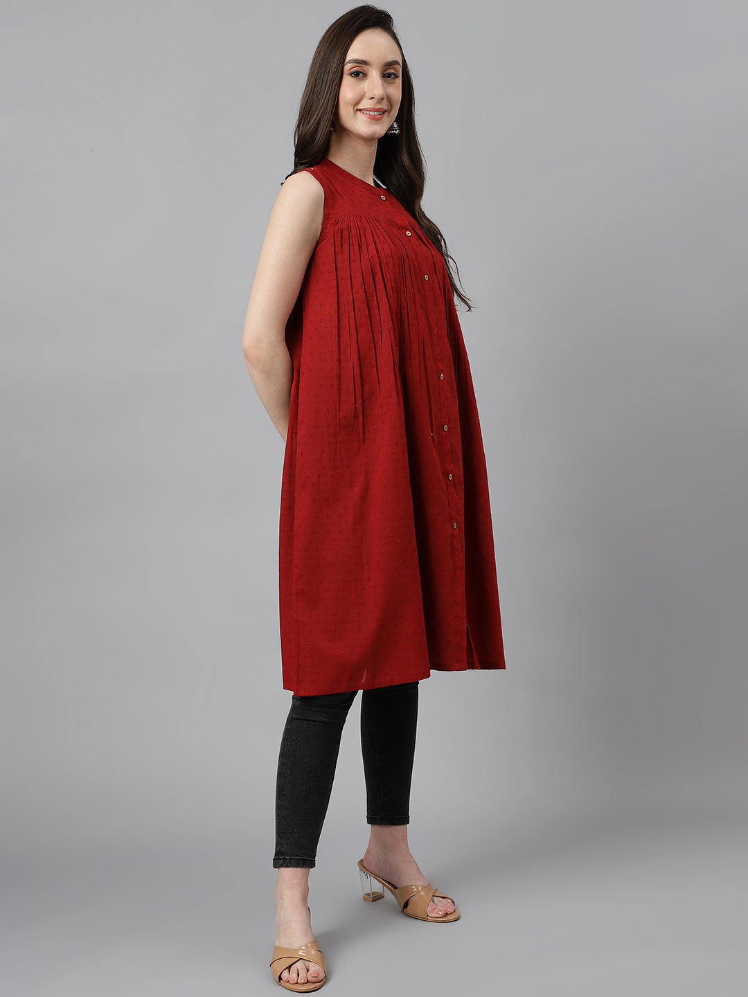 Janasya Women's Maroon Dobby Cotton Solid Casual Gathered Tunic | Swadesiicart