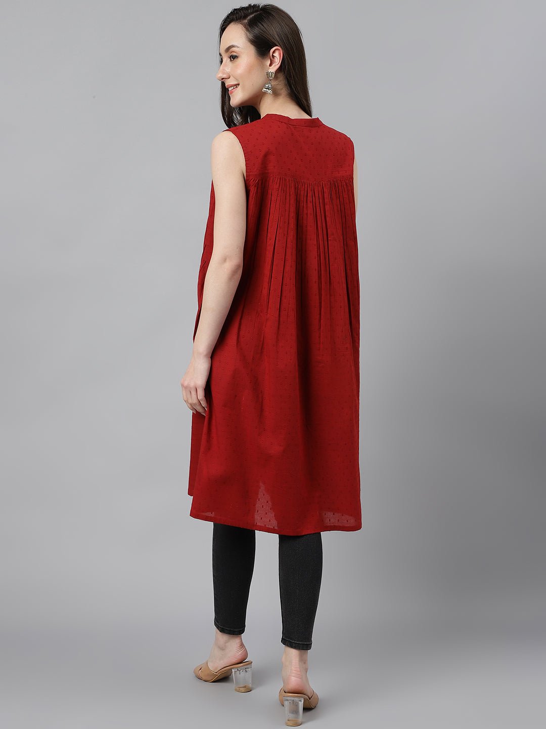Janasya Women's Maroon Dobby Cotton Solid Casual Gathered Tunic | Swadesiicart