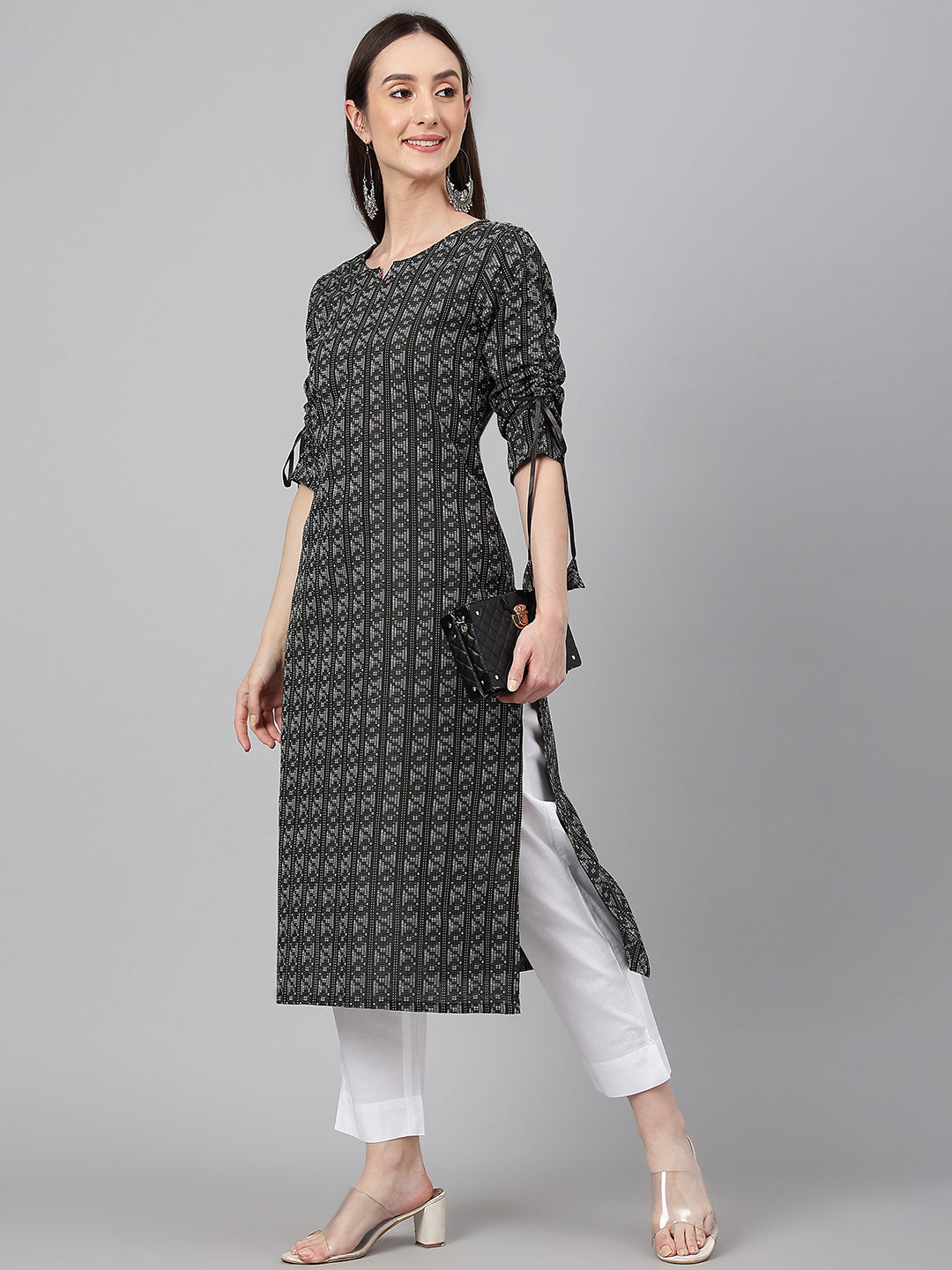 Janasya Women's Black Cotton Woven Design Casual Straight Kurta | Swadesiicart