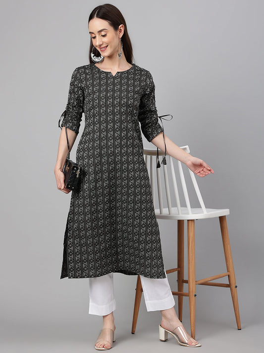 Janasya Women's Black Cotton Woven Design Casual Straight Kurta | Swadesiicart