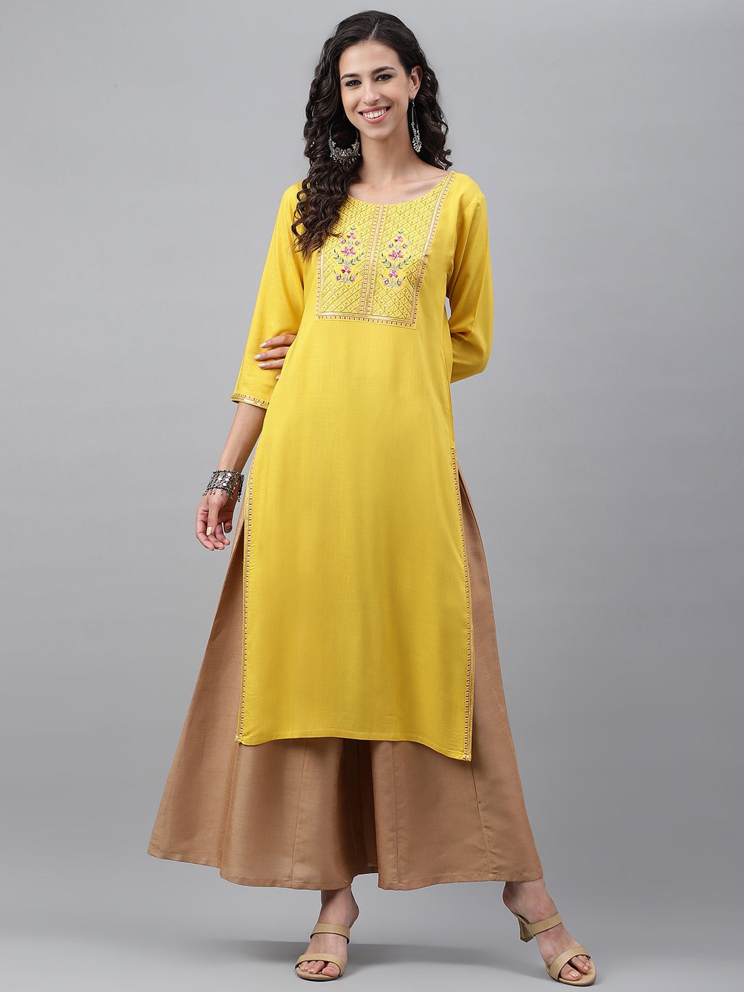 Janasya Women's Mustard Poly Rayon Solid Casual Straight Kurta - Swadesiicart