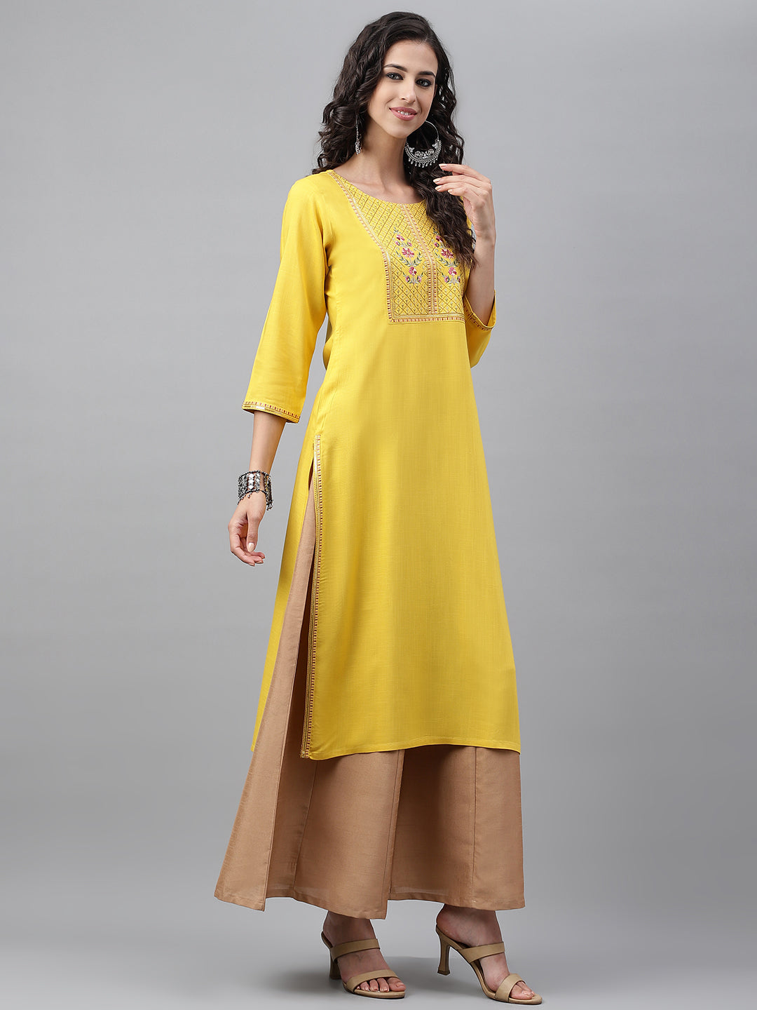 Janasya Women's Mustard Poly Rayon Solid Casual Straight Kurta - Swadesiicart