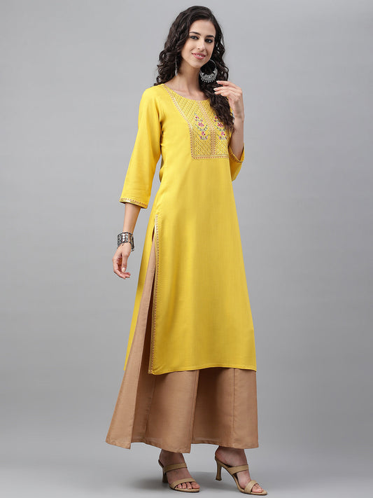 Janasya Women's Mustard Poly Rayon Solid Casual Straight Kurta - Swadesiicart