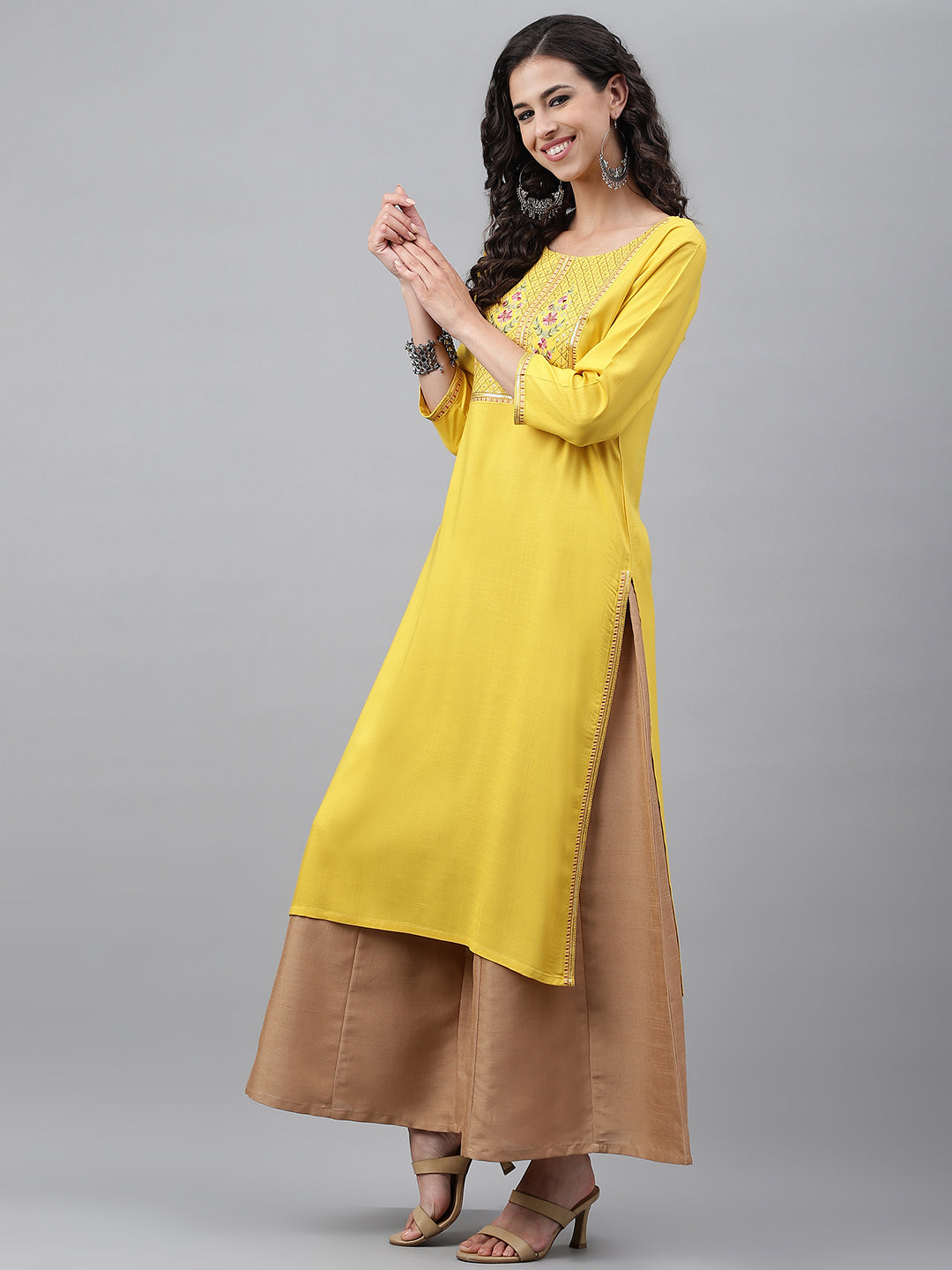Janasya Women's Mustard Poly Rayon Solid Casual Straight Kurta - Swadesiicart