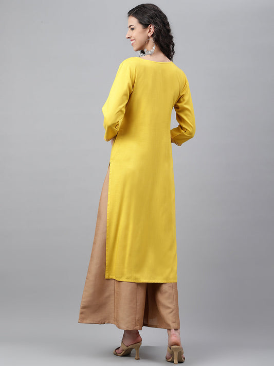 Janasya Women's Mustard Poly Rayon Solid Casual Straight Kurta - Swadesiicart