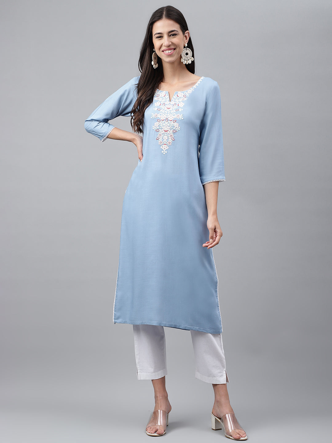 Janasya Women's Light Blue Rayon Solid Casual Straight Kurta | Swadesiicart