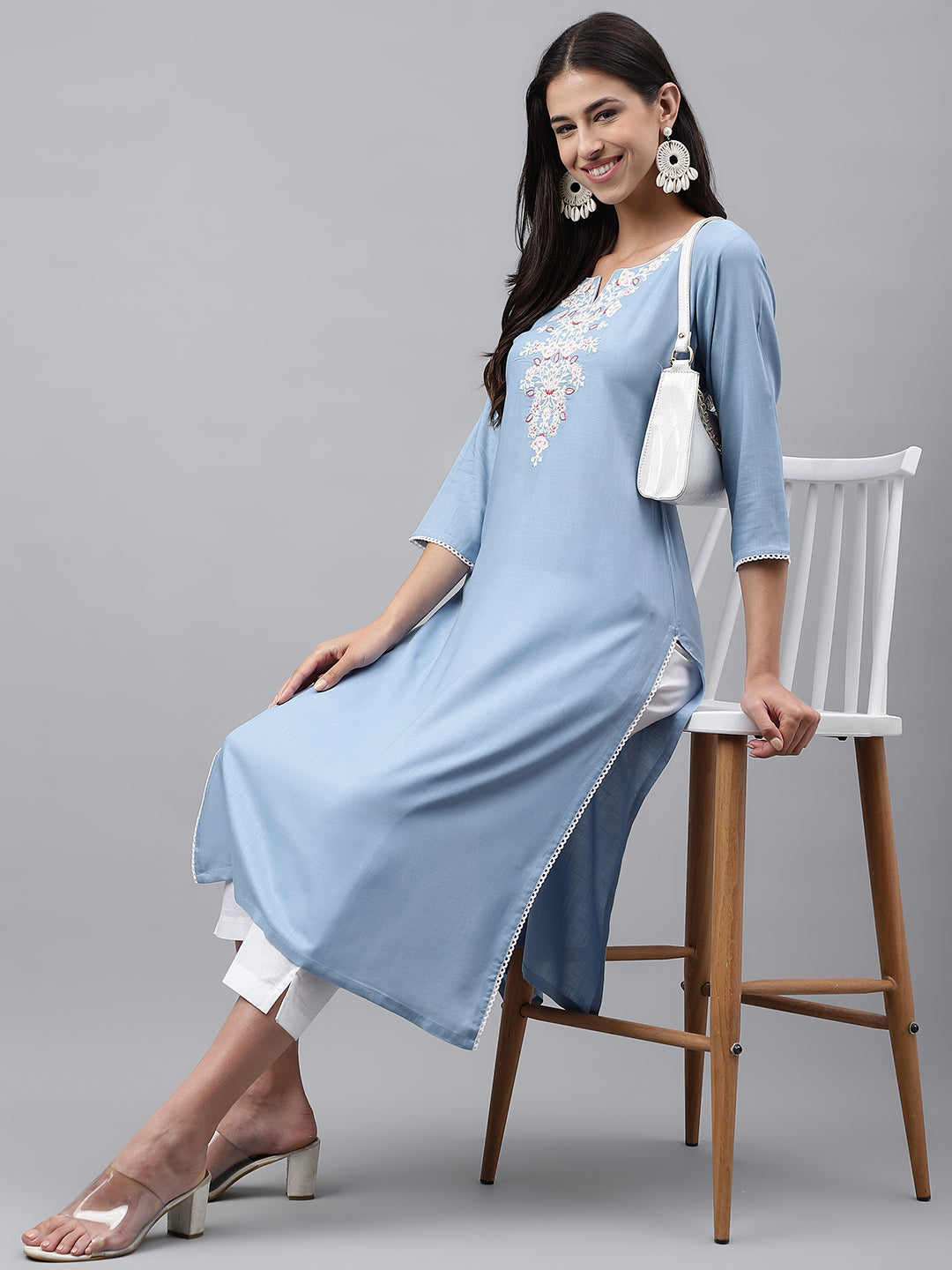 Janasya Women's Light Blue Rayon Solid Casual Straight Kurta | Swadesiicart
