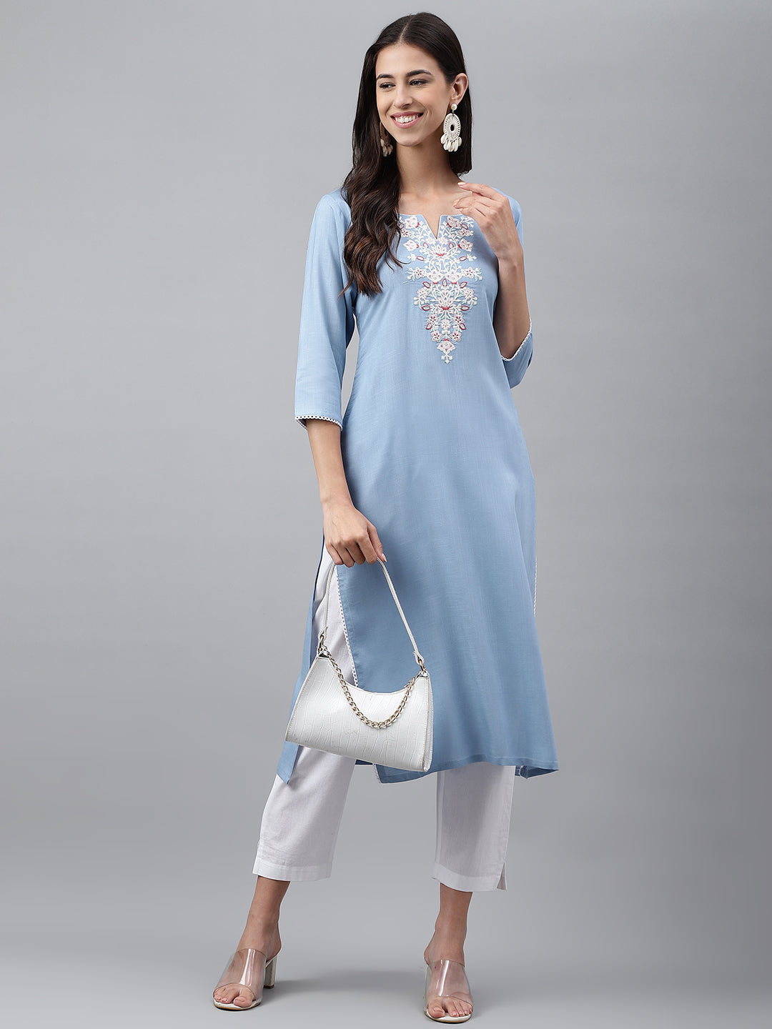 Janasya Women's Light Blue Rayon Solid Casual Straight Kurta | Swadesiicart