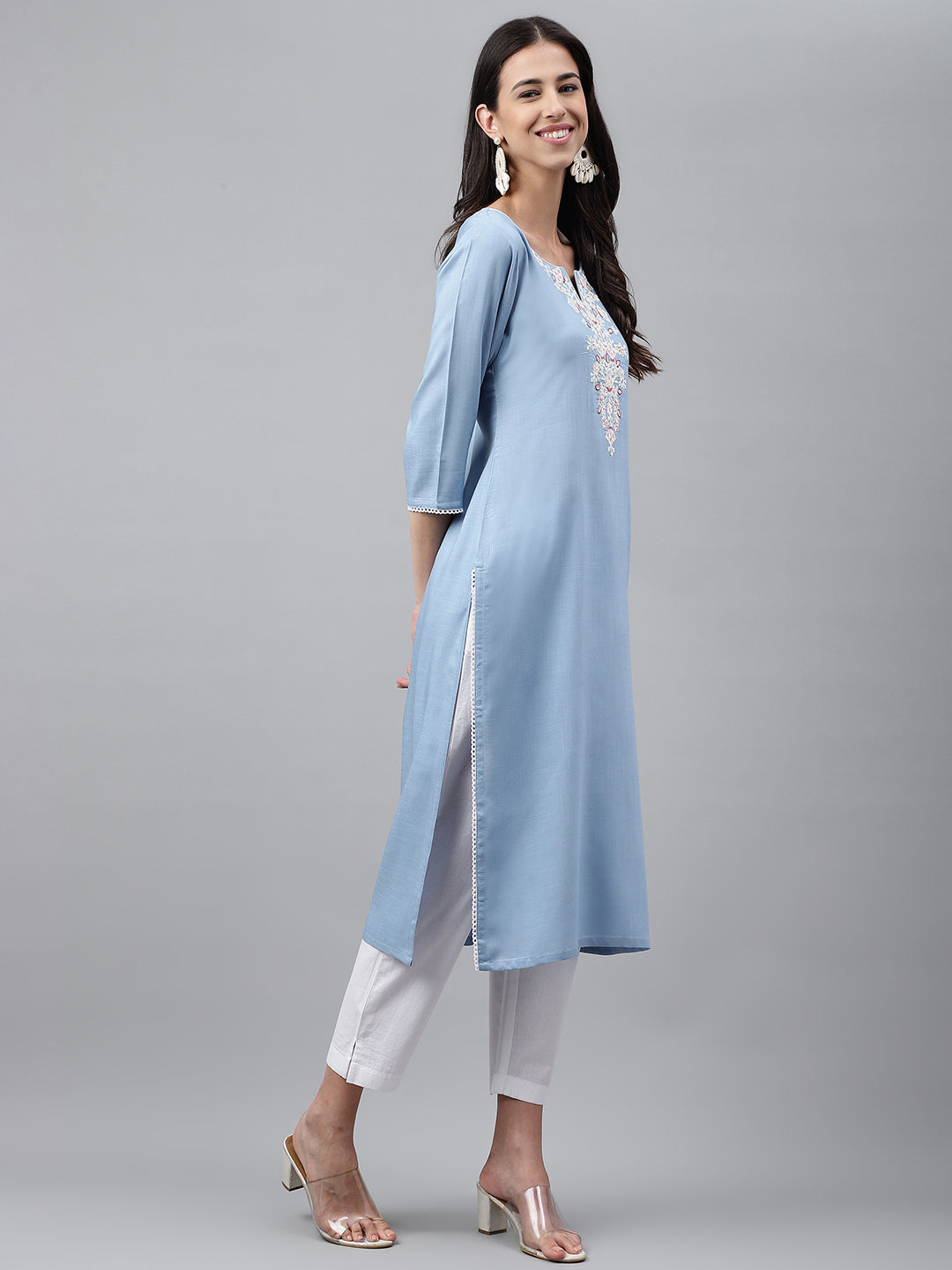 Janasya Women's Light Blue Rayon Solid Casual Straight Kurta | Swadesiicart