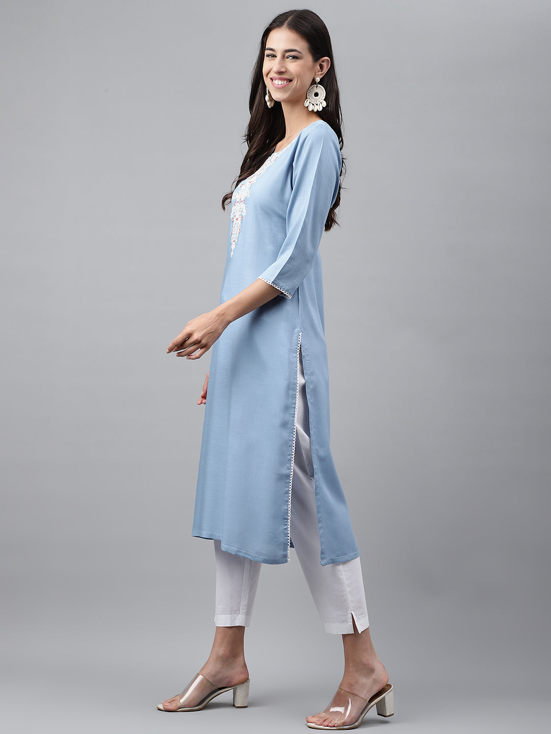 Janasya Women's Light Blue Rayon Solid Casual Straight Kurta | Swadesiicart