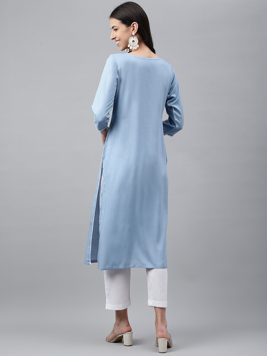 Janasya Women's Light Blue Rayon Solid Casual Straight Kurta | Swadesiicart