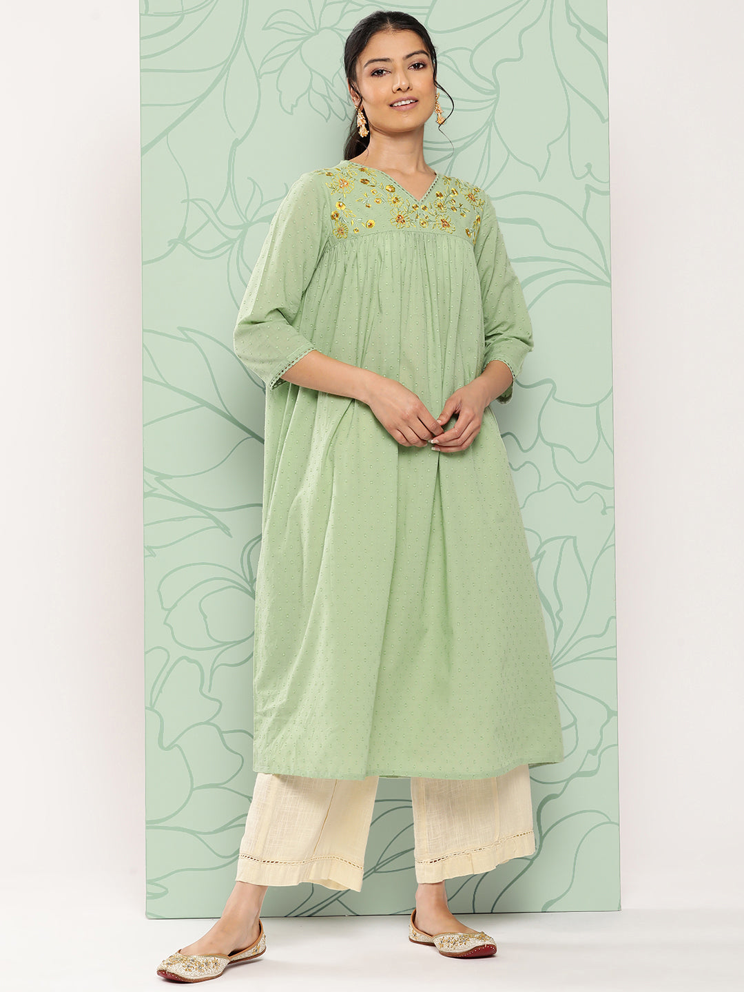 Janasya Women's Sage Green Dobby Cotton Solid Casual Empire Kurta | Swadesiicart