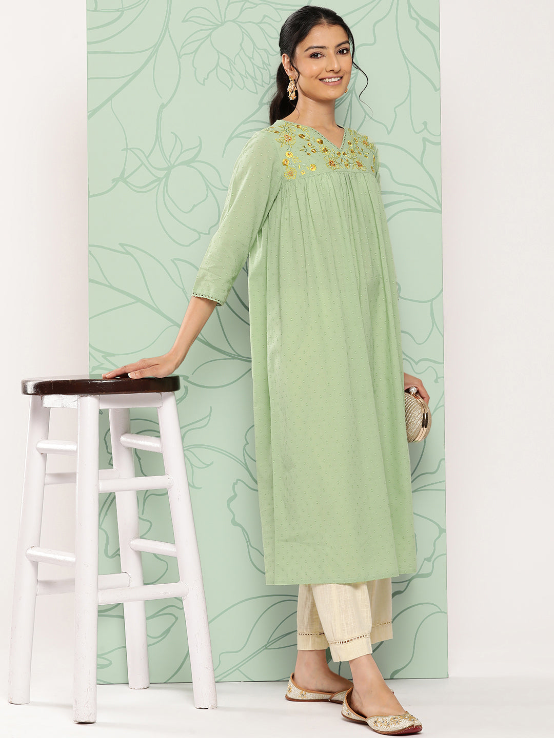 Janasya Women's Sage Green Dobby Cotton Solid Casual Empire Kurta | Swadesiicart