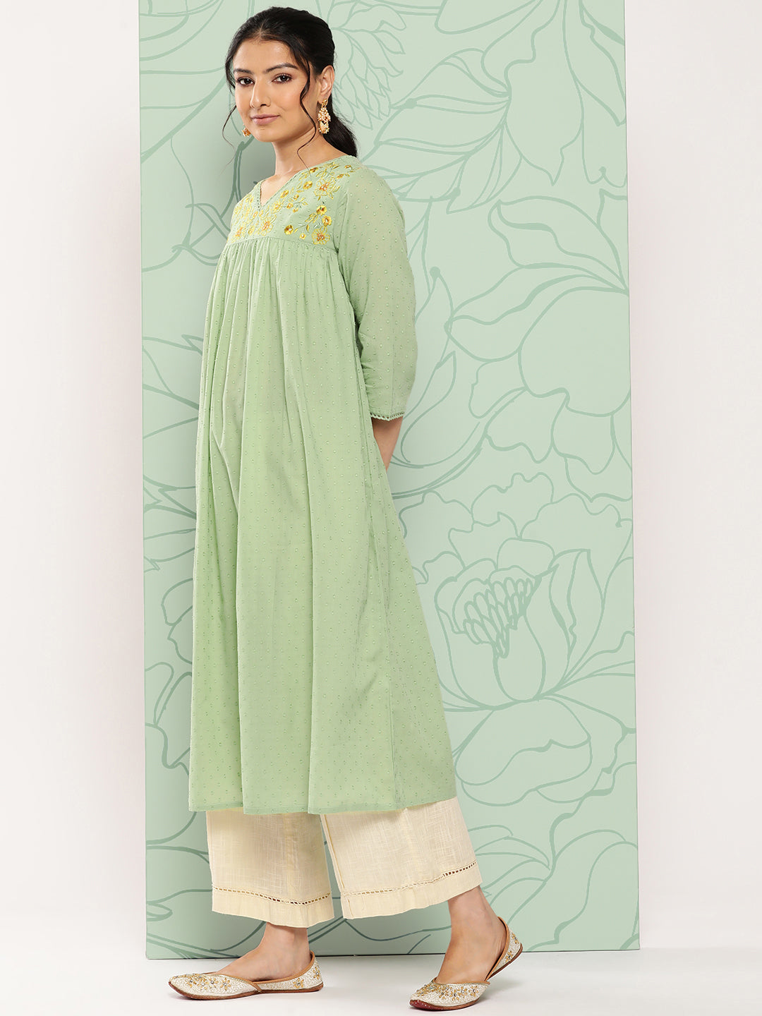 Janasya Women's Sage Green Dobby Cotton Solid Casual Empire Kurta | Swadesiicart