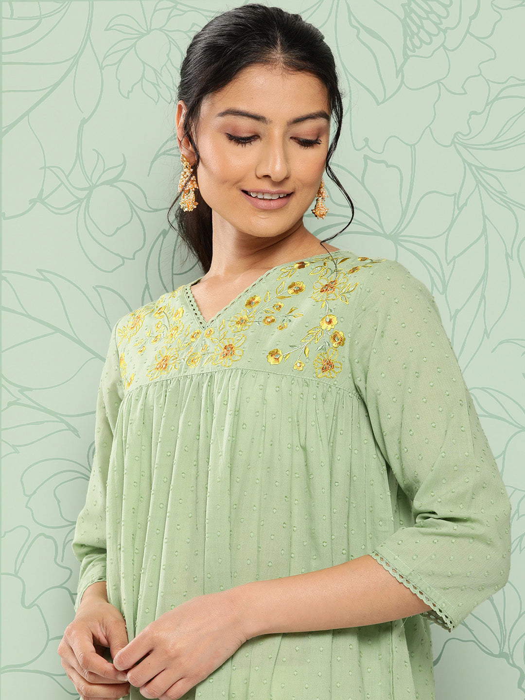 Janasya Women's Sage Green Dobby Cotton Solid Casual Empire Kurta | Swadesiicart