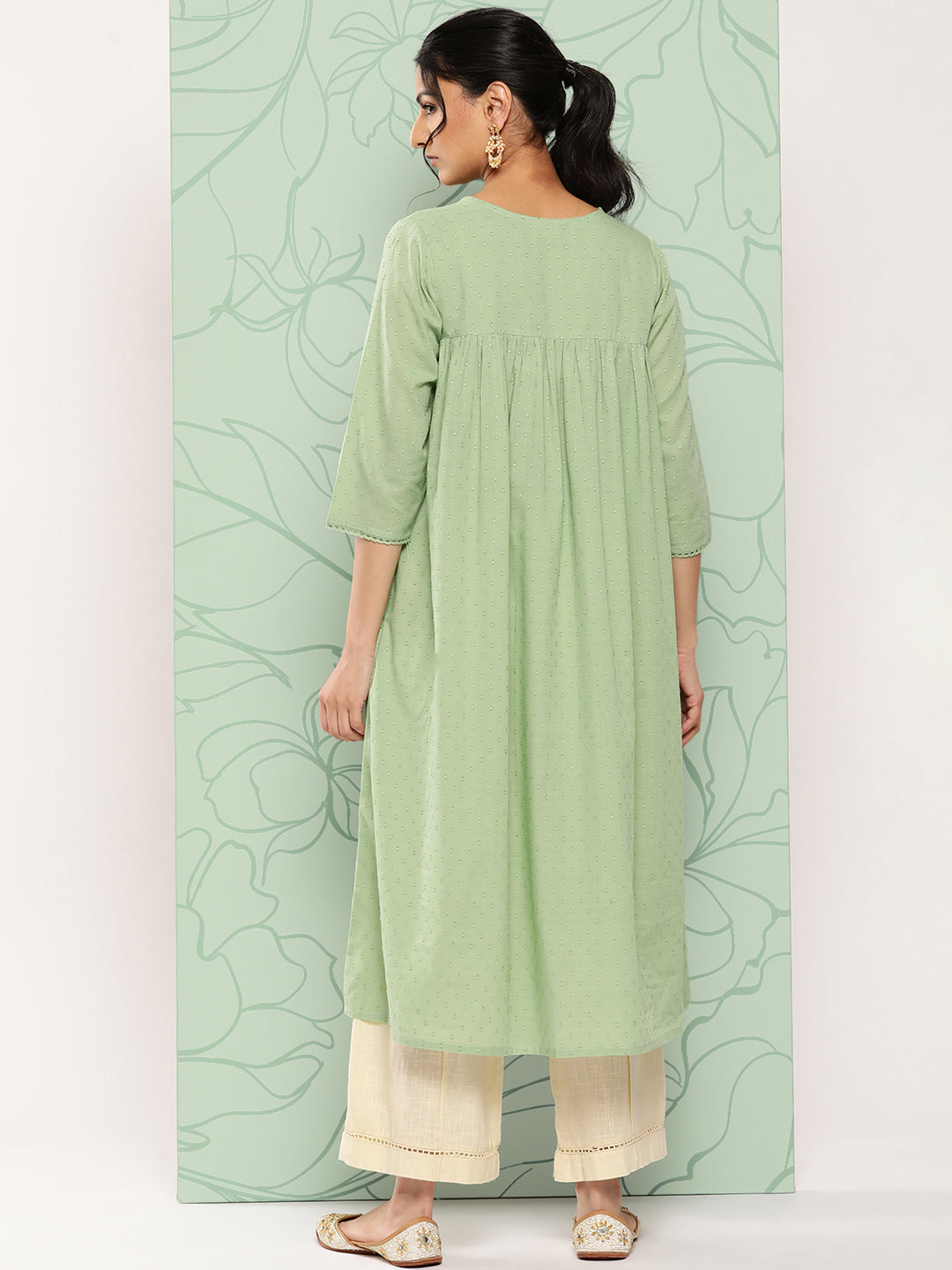 Janasya Women's Sage Green Dobby Cotton Solid Casual Empire Kurta | Swadesiicart