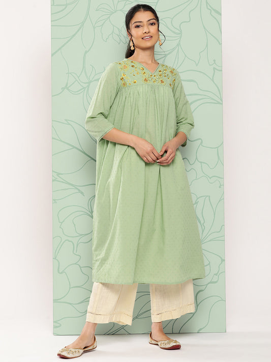 Janasya Women's Sage Green Dobby Cotton Solid Casual Empire Kurta | Swadesiicart