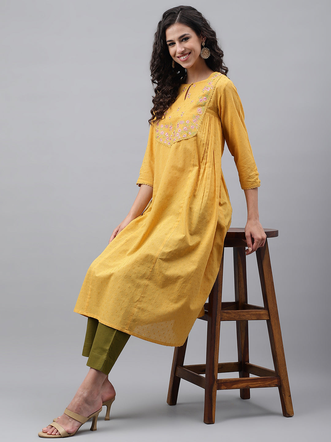 Janasya Women's Yellow Dobby Cotton Solid Casual A-Line Kurta | Swadesiicart
