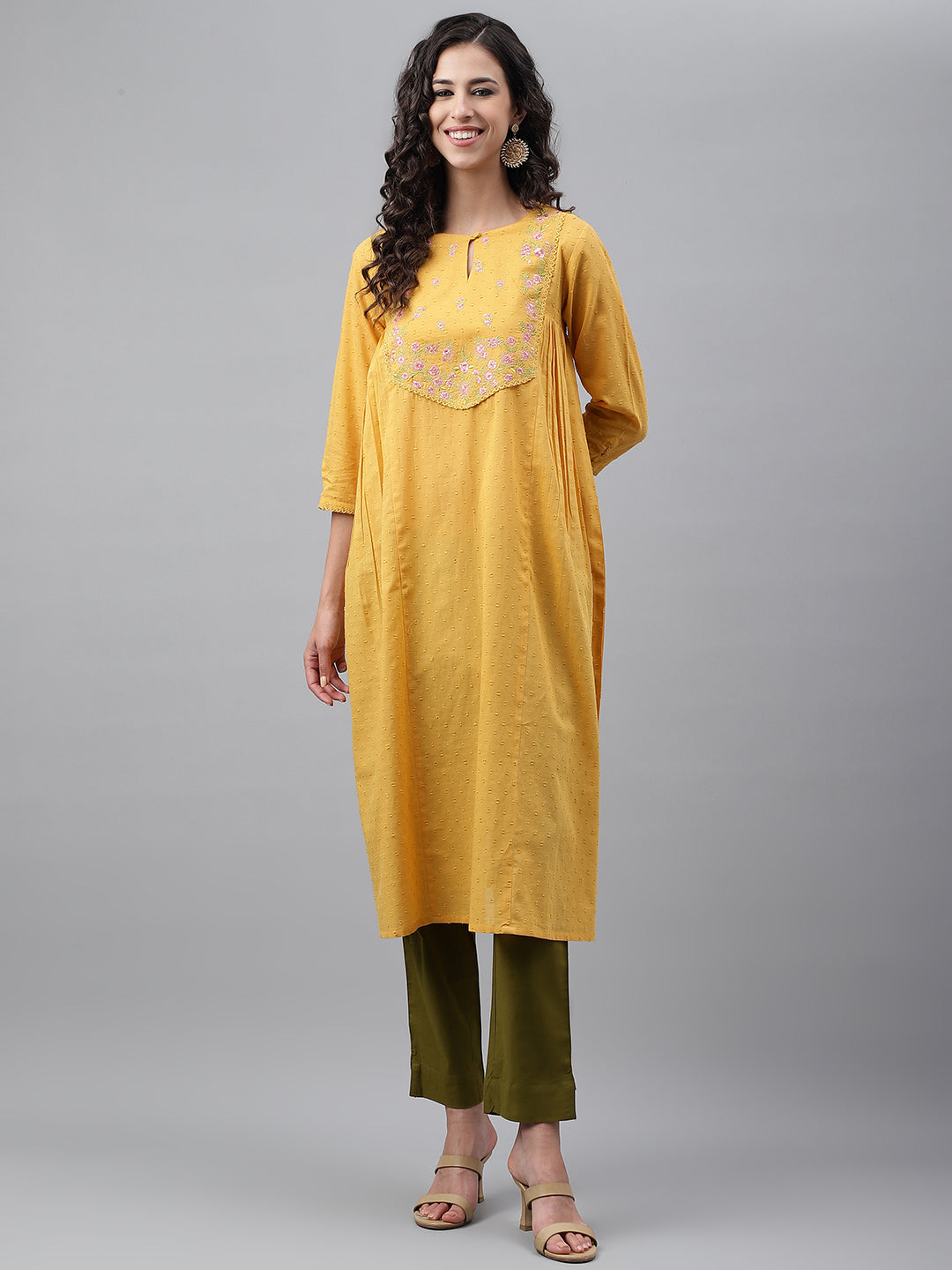 Janasya Women's Yellow Dobby Cotton Solid Casual A-Line Kurta | Swadesiicart